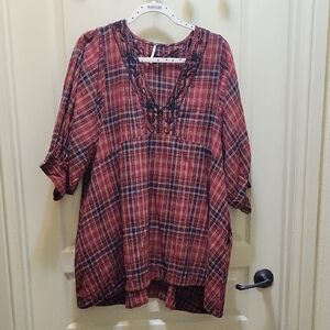 Free People Red Plaid Tunic with Black Lace